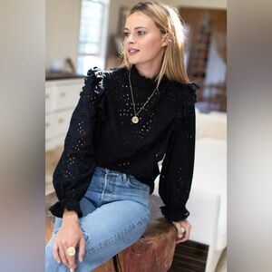 Emerson Fry Pearl Long Sleeve Blouse in Black Eyelet